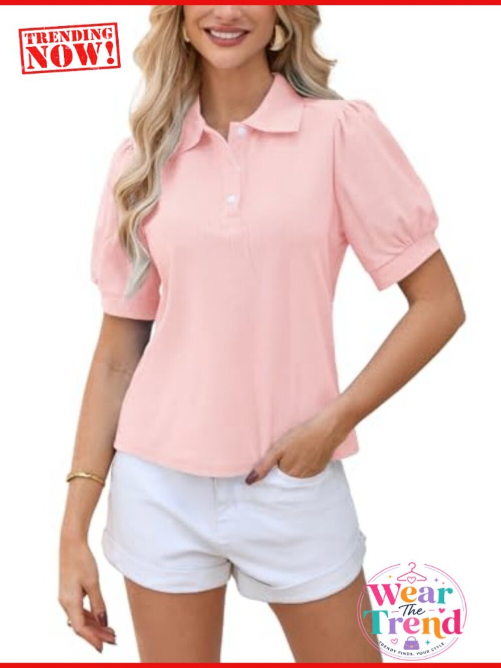 Women's Polo Shirt Cotton Blend Short Puff Sleeve V-Neck Casual Work Top